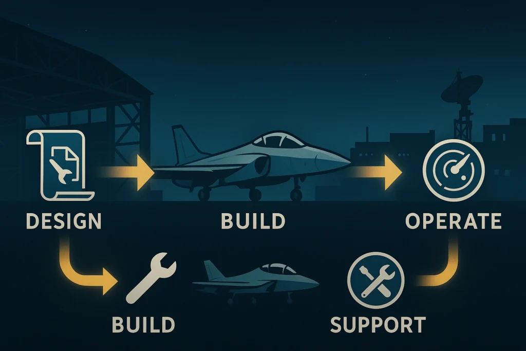 Semi-realistic infographic showing the defence aircraft life cycle with glowing arrows linking Design, Build, Operate, and Support stages in navy and gold tones