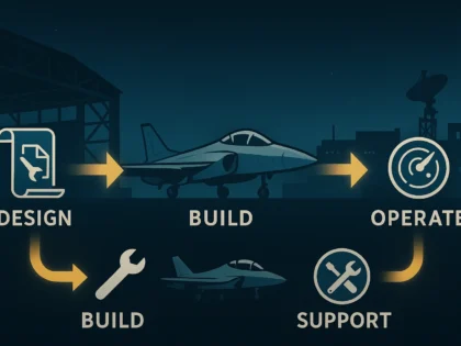 Semi-realistic infographic showing the defence aircraft life cycle with glowing arrows linking Design, Build, Operate, and Support stages in navy and gold tones