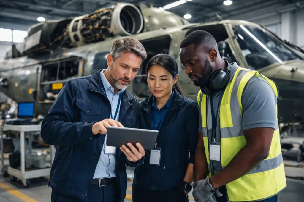 Engineering team reviewing system performance data beside a military helicopter during maintenance planning.