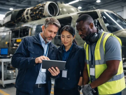 Engineering team reviewing system performance data beside a military helicopter during maintenance planning.