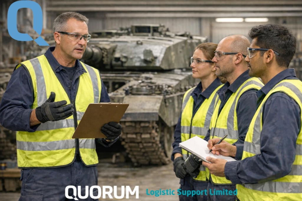 Lead engineer trainer briefs three engineers in PPE in an industrial workshop, holding a clipboard while a trainee takes notes, with a British tank hull section visible in the background.
