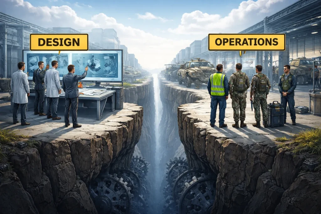 Illustration showing a gap between Design engineers and Operations technicians symbolising the leadership gap between Engineering and Support teams.