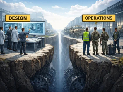 Illustration showing a gap between Design engineers and Operations technicians symbolising the leadership gap between Engineering and Support teams.