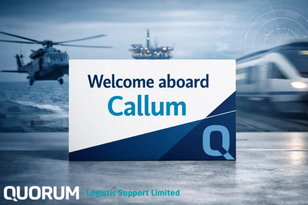 Minimalist welcome sign reading “Welcome aboard Callum” against a cool-toned industrial background with transport and engineering imagery.
