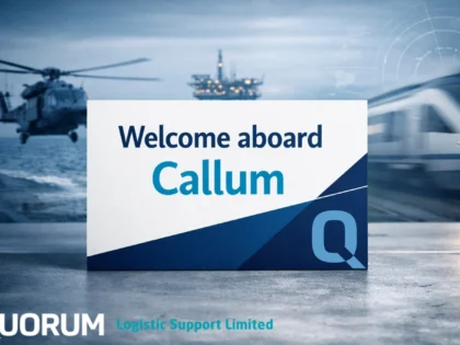 Minimalist welcome sign reading “Welcome aboard Callum” against a cool-toned industrial background with transport and engineering imagery.