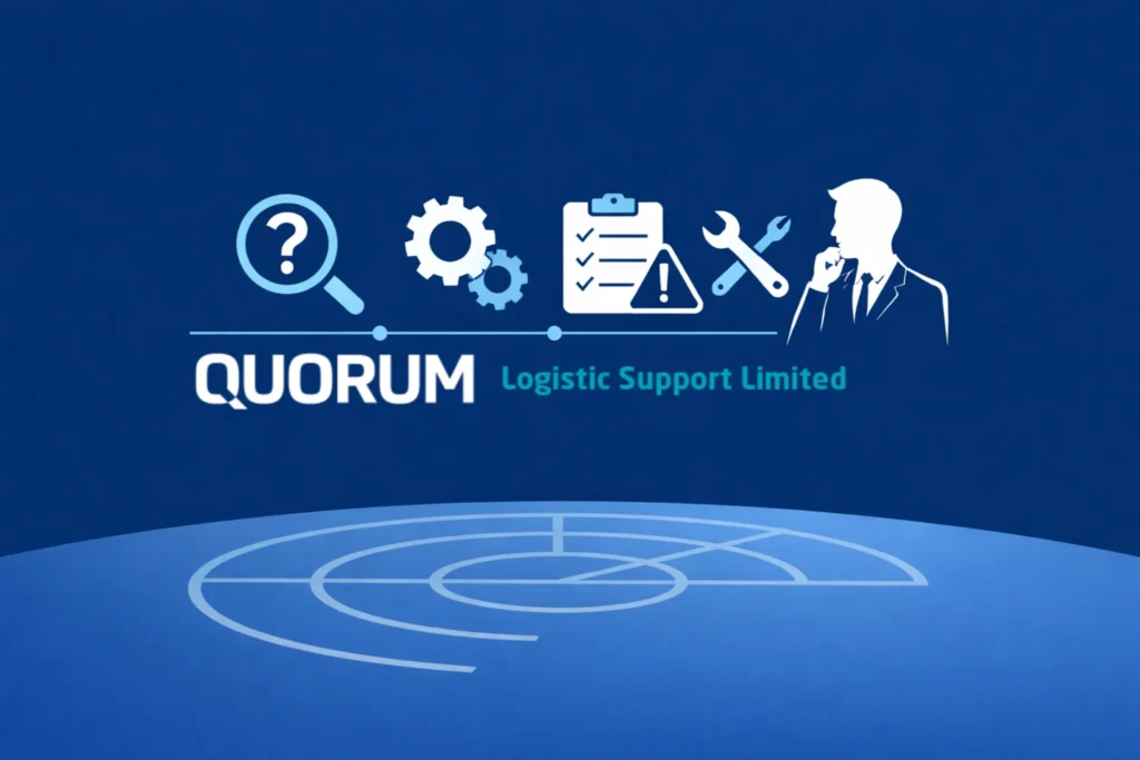 Minimalist illustration of executive reviewing system support concepts with icons for analysis, maintenance and risk