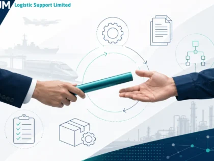 Project handover support concept showing a baton being passed between two people, with engineering, logistics and support icons in Quorum colours.