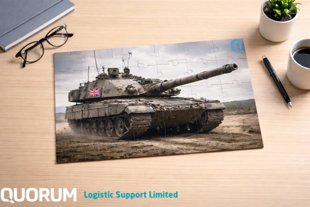 Completed jigsaw puzzle of a British Army tank on a minimalist wooden desk with glasses, notebook, pen, coffee cup and plant.