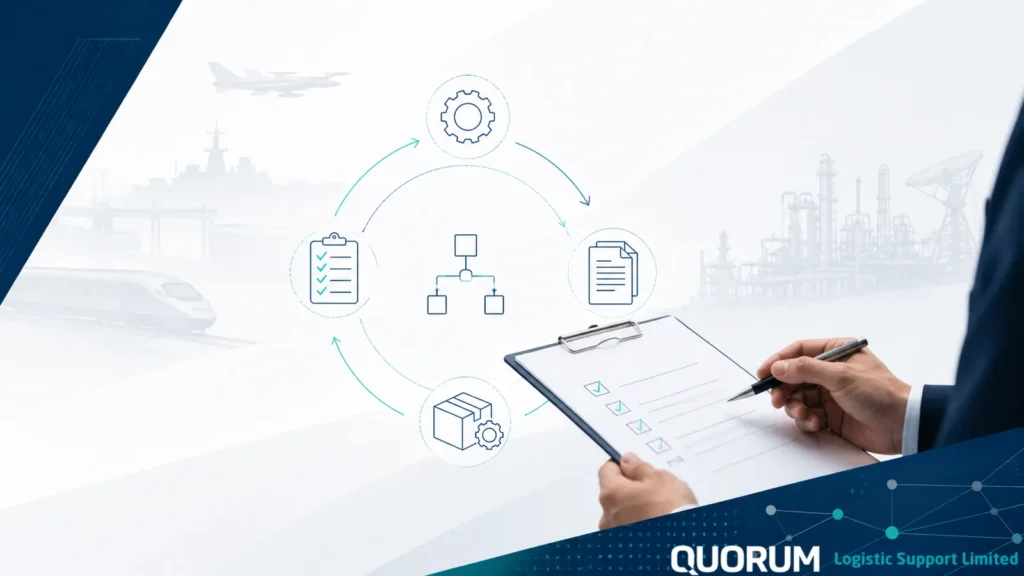 Procurement support plan review concept showing a checklist, lifecycle icons and engineering sector graphics.