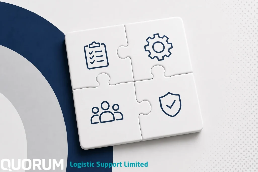 Minimal puzzle-piece graphic showing ILS Bid Support, Engineering, people and assurance themes