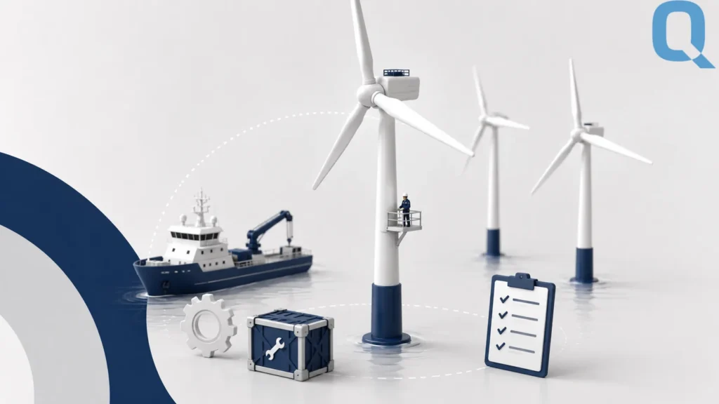 Offshore Wind Farm maintenance scene showing turbines, a support vessel, tools and a checklist.