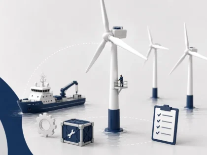Offshore Wind Farm maintenance scene showing turbines, a support vessel, tools and a checklist.